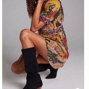 Printed Short Sleeve Mini Dress in Mustard Multi